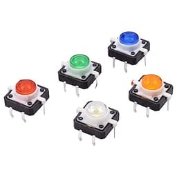 5Pcs 12x12mm LED Light Micro DIP Tact Tactile Illuminated Push Button Switch Plastic Reset Momentary Red Yellow Green Blue White(5pcs Red)