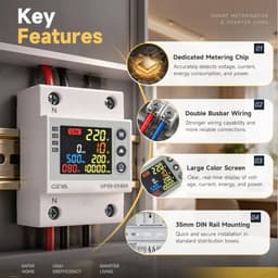 GEYA AC Power Meter with Over/Under Voltage, Overcurrent & Leakage Protection, LCD Display for 7 Electrical Parameters, Auto Reset, DIN Rail Mount