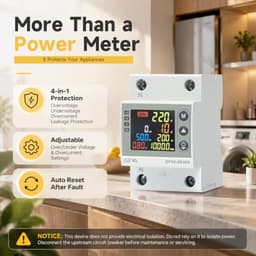 GEYA AC Power Meter with Over/Under Voltage, Overcurrent & Leakage Protection, LCD Display for 7 Electrical Parameters, Auto Reset, DIN Rail Mount
