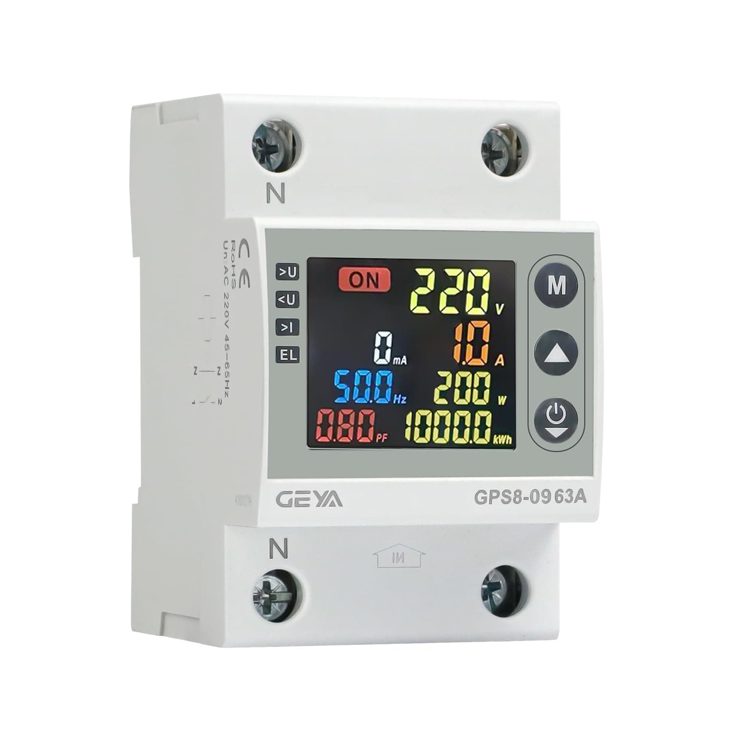 GEYA AC Power Meter with Over/Under Voltage, Overcurrent & Leakage Protection, LCD Display for 7 Electrical Parameters, Auto Reset, DIN Rail Mount